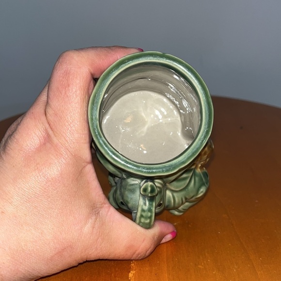 Elephant Planter Small Green Ceramic Trunk Up Big Ears Brown Accents 3 inch - Picture 6 of 6